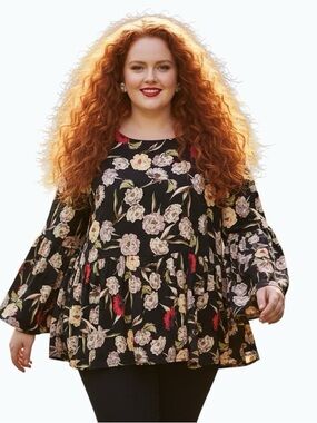 DownEast Floral Peplum Tunic Top Black Pink Yellow Size L